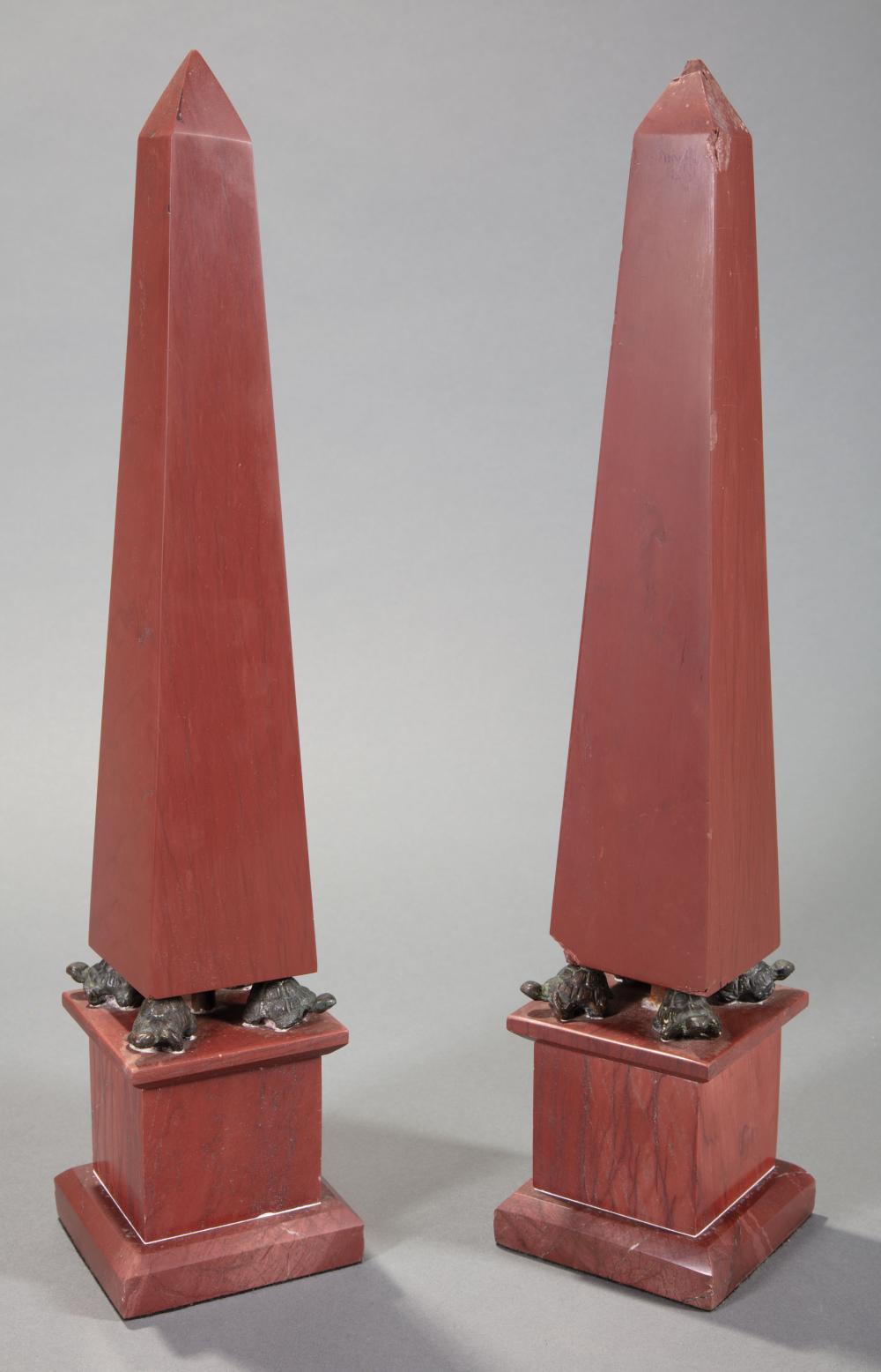 Appraisal: Pair of Continental Bronze-Mounted Marble Obelisks c supported on tortoises