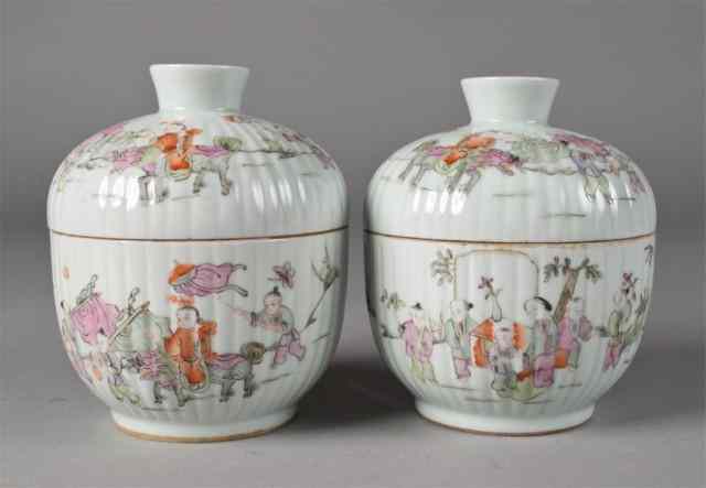 Appraisal: Pr Chinese Famille Rose Covered JarsIn ribbed form finely painted