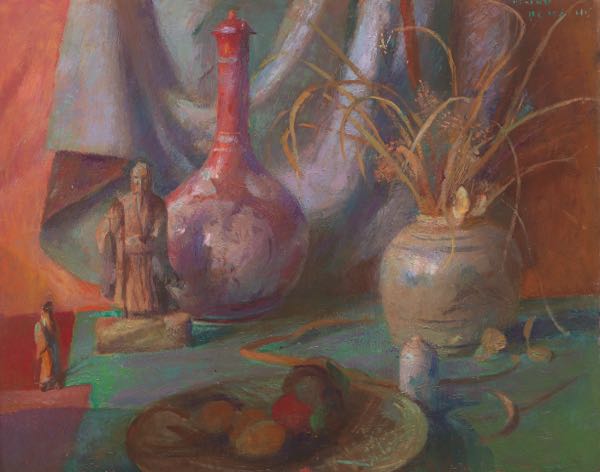 Appraisal: HENRY HENSCHE AMERICAN - x board Still Life with Oriental