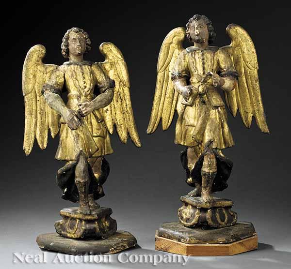 Appraisal: A Pair of Spanish Polychrome and Gilt Carved Wood Angels