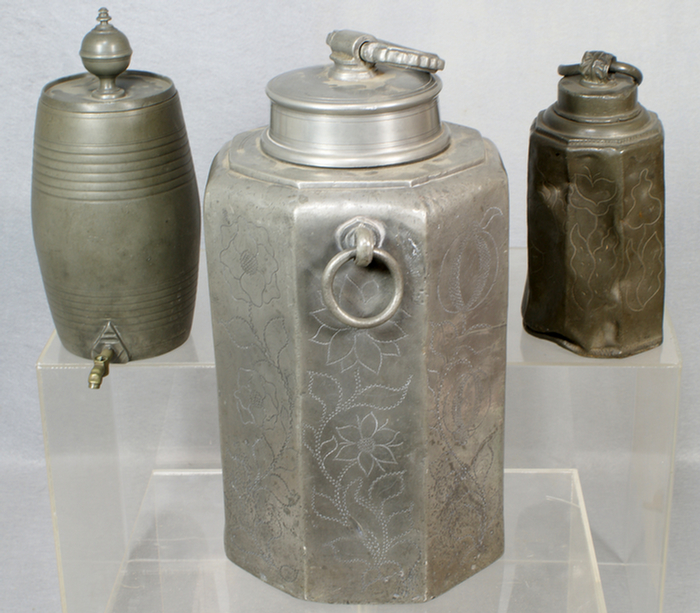 Appraisal: pcs early German pewter lidded containers with floral engraving tallest