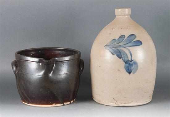 Appraisal: American salt glazed brownware measuring crock and a cobalt decorated