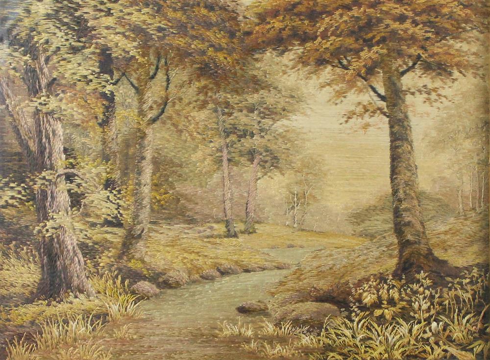 Appraisal: ANTIQUE SILKWORK PICTURE OF TREES ALONG A STREAM the bucolic