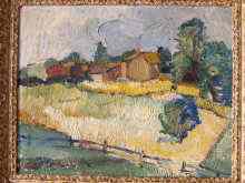 Appraisal: An oil on board of a cornfield and farm sheds