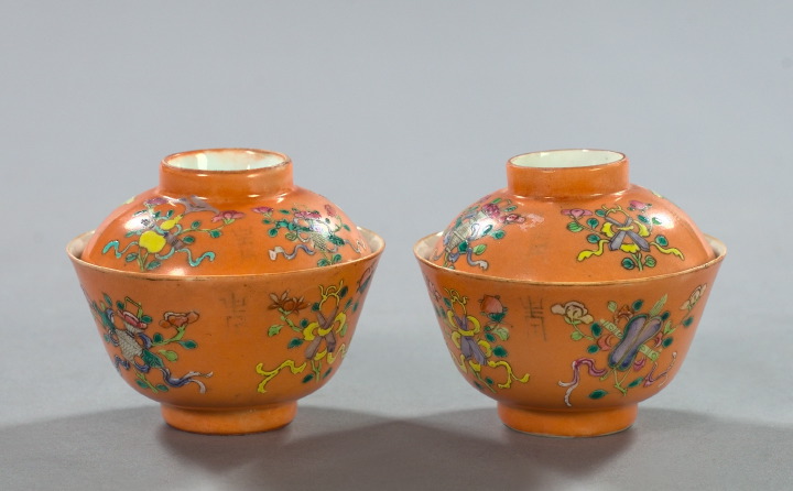 Appraisal: Pair of Chinese Porcelain Covered Tea Bowls each of traditional