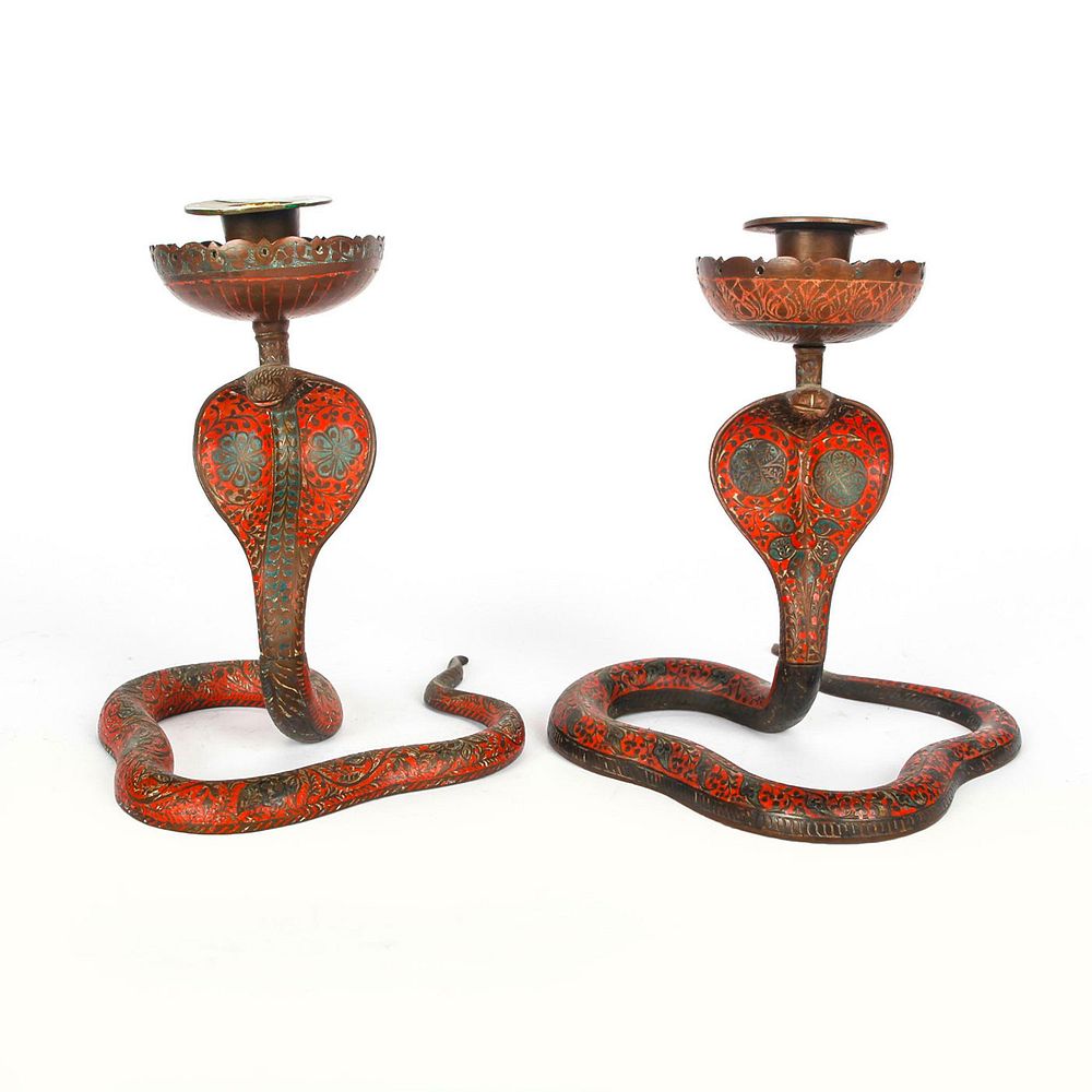 Appraisal: PAIR OF BRONZE INDIAN COBRA CANDLE STICK HOLDERS Cobra positioned