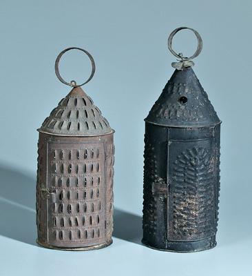 Appraisal: Two punched tin lanterns one with conical top circular rosette