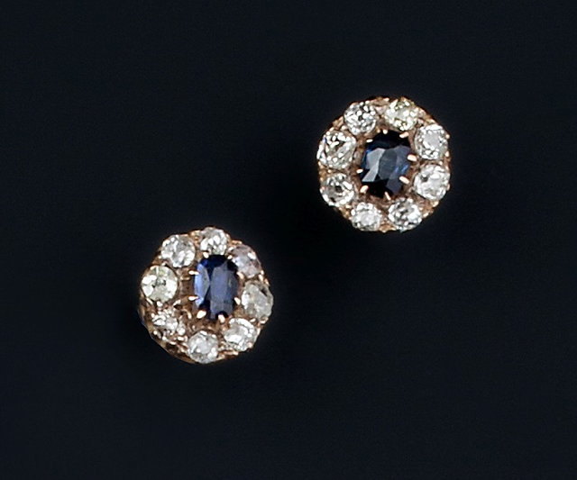 Appraisal: A PAIR OF SAPPHIRE AND DIAMOND CLUSTER EAR STUDS each