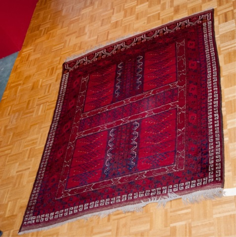 Appraisal: Antique Afghan Rug Red field with black and white details