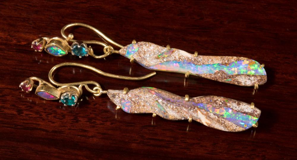 Appraisal: PAIR OF BOULDER OPAL AND EIGHTEEN KARAT GOLD EARRINGS each