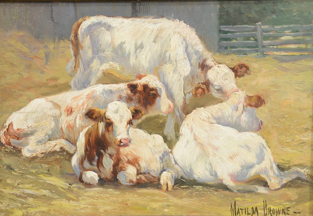 Appraisal: Matilda Browne American - Four Barnyard Cows oil on panel