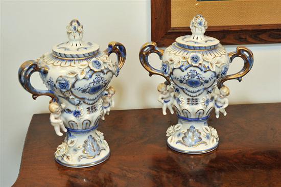 Appraisal: PAIR OF PORCELAIN URNS th century Blue and white urns