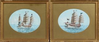 Appraisal: Continental School Ships at Sea th c pair of oval