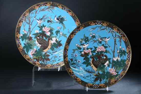 Appraisal: PAIR JAPANESE CLOISONN ENAMEL CHARGERS Meiji Period Bird perched on