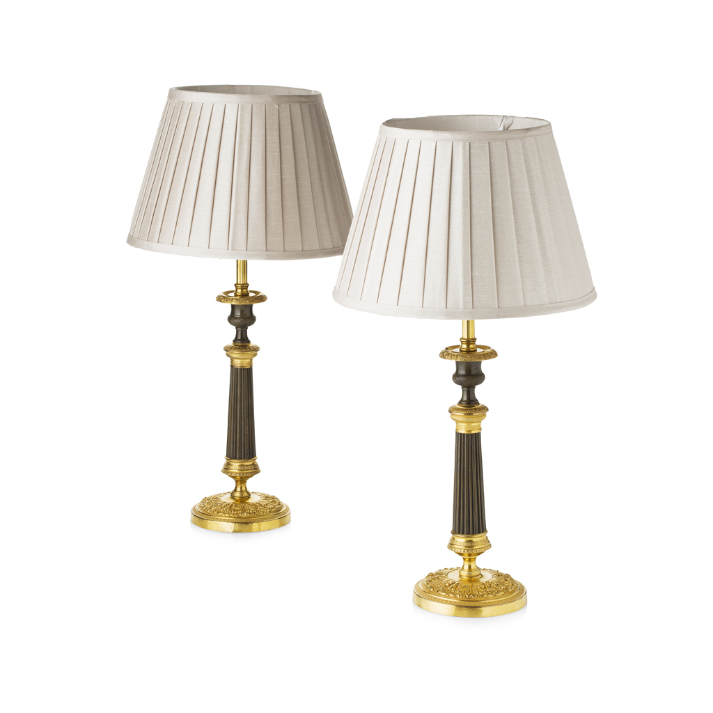 Appraisal: PAIR OF REGENCY PATINATED AND GILT BRONZE LAMPS EARLY TH