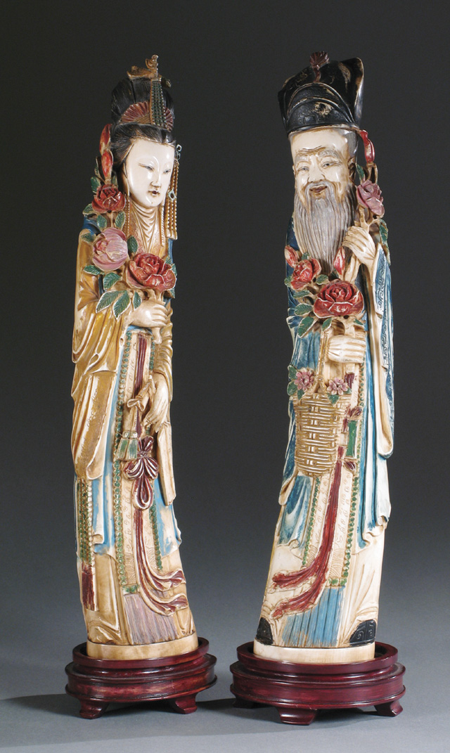 Appraisal: PAIR ELEPHANT IVORY HAND CARVED FIGURES depicting Mandarin man and