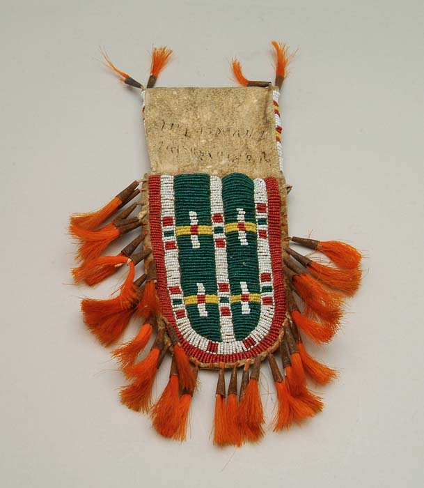 Appraisal: BEADED SOUTH PLAINS POUCH WITH ORANGE TASSELS Small pouch having