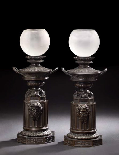 Appraisal: Fine Pair of Napoleon III Dark Bronze-Patinated Carcel Lamps third