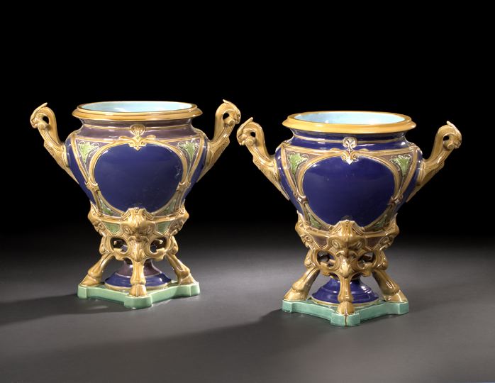 Appraisal: Fine Large Pair of Minton Majolica Quatrepodal Bowls dated in