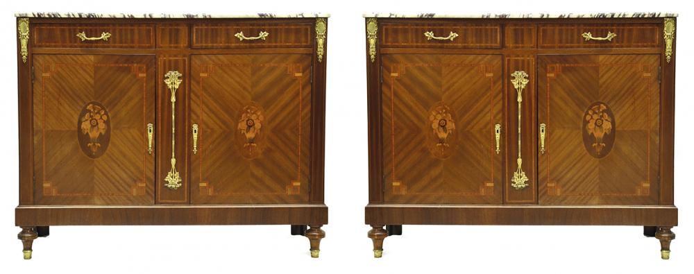 Appraisal: A PAIR OF TRANSITIONAL STYLE GILT METAL MOUNTED MARBLE TOP