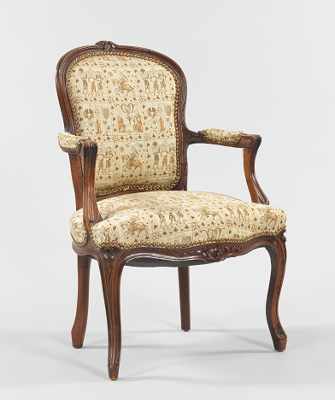 Appraisal: A French Style Petite Arm Chair Carved wood frame with