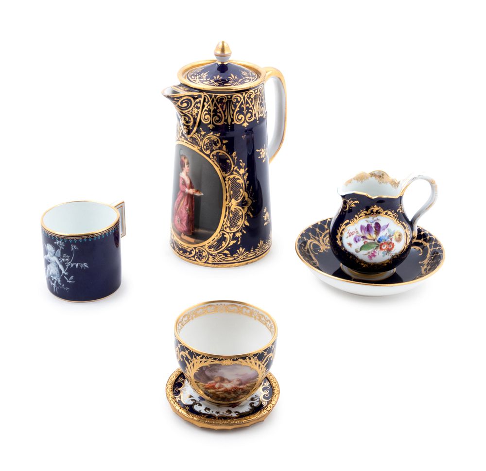 Appraisal: Four German Painted and Parcel Gilt Cobalt-Ground Porcelain Articles Four