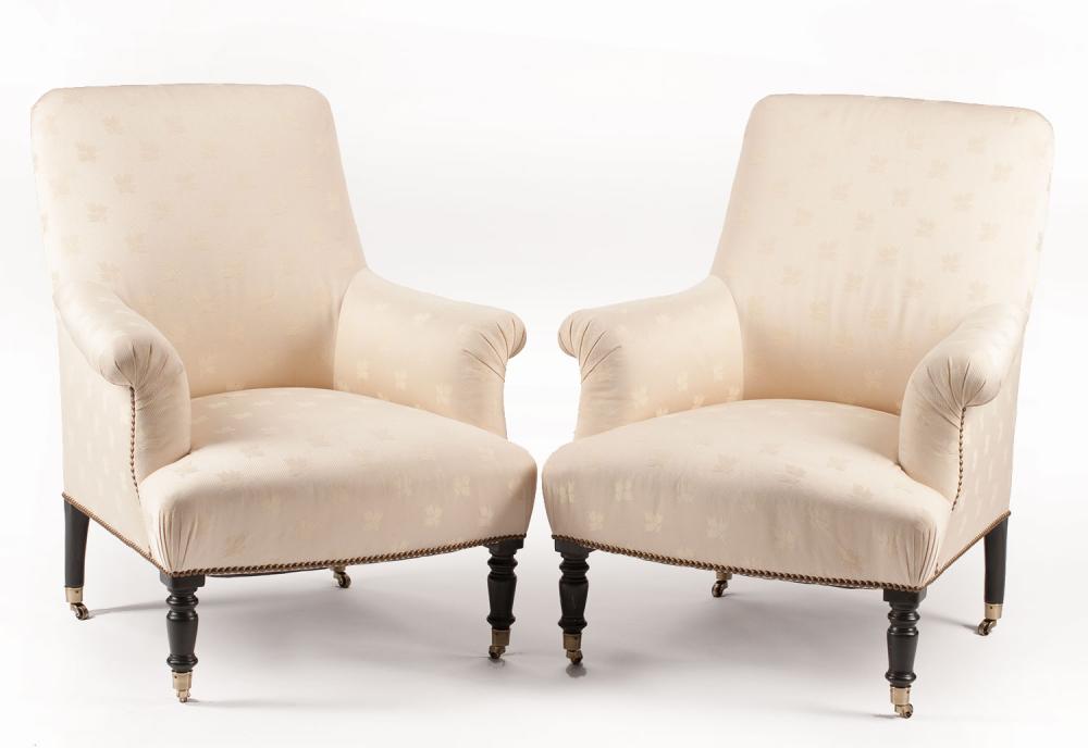 Appraisal: Pair of Regency-Style Ebonized Armchairs shaped back scroll arms rounded