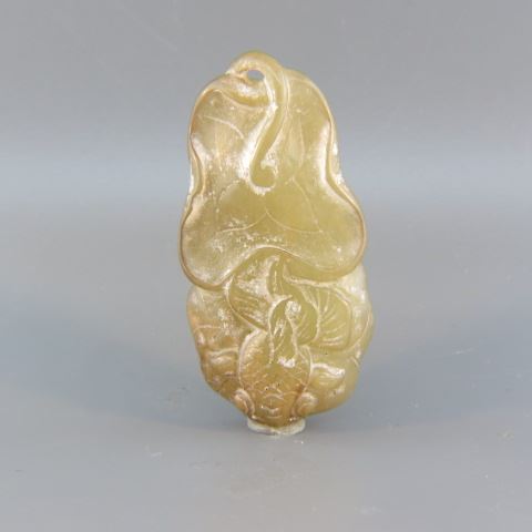 Appraisal: Chinese Carved Jade Pendant coy water lily decor x