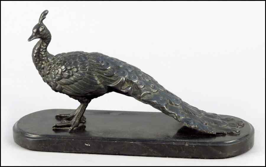 Appraisal: PATINATED METAL PEACOCK Raised on a marble base Bronze ''