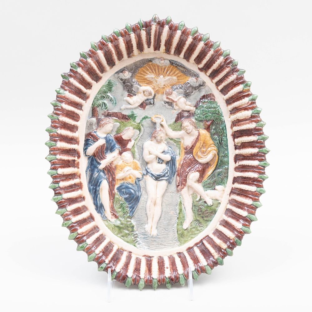 Appraisal: French Palissy Style Oval Earthenware Dish Depicting the Beheading of