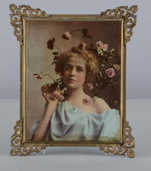 Appraisal: Woman With Roses Colorized Photographic Litho This ornately framed lithograph