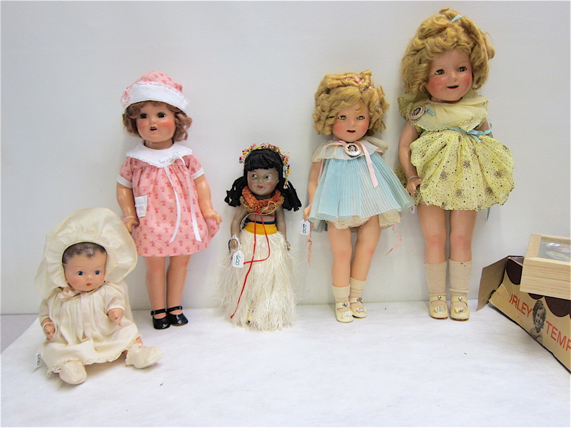 Appraisal: FIVE COLLECTOR DOLLS WITH SHIRLEY TEMPLE BUTTONS AND TEA SET