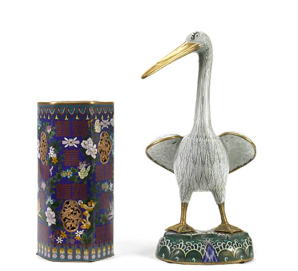 Appraisal: Three Chinese cloisonne enameled metal decorations including a standing bird