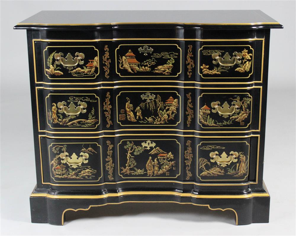 Appraisal: DREXEL HERITAGE BLACK AND GILT CHINOISERIE BLOCK FRONT CHEST OF