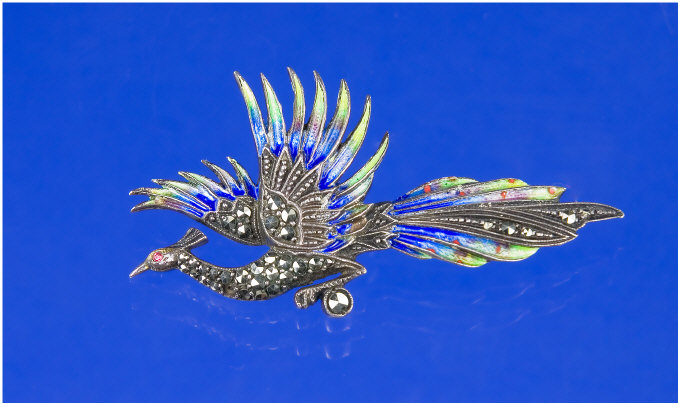 Appraisal: Silver Enamelled Brooch Modelled As Peacock With Enamelled Feathers The