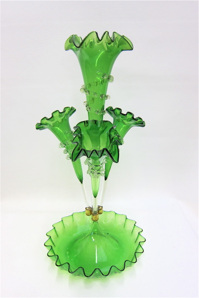 Appraisal: VICTORIAN ART GLASS EPERGNE green glass having one long and