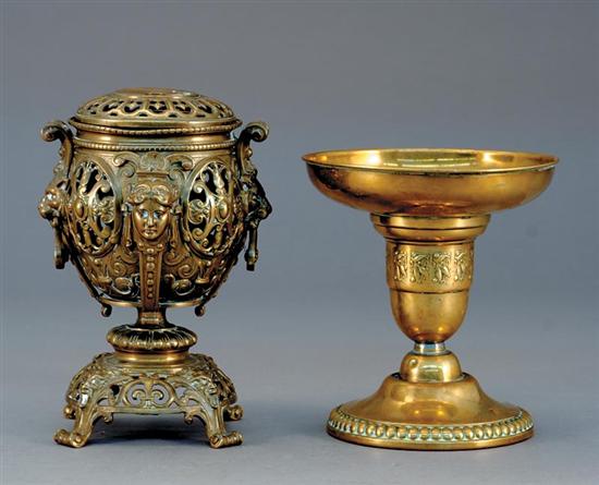 Appraisal: English brass censer and compote Renaissance style piercework censer on