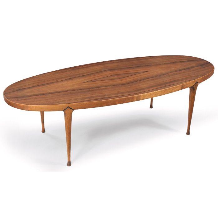 Appraisal: Norwegian coffee table oval top of book-matched rosewood overfour tapered