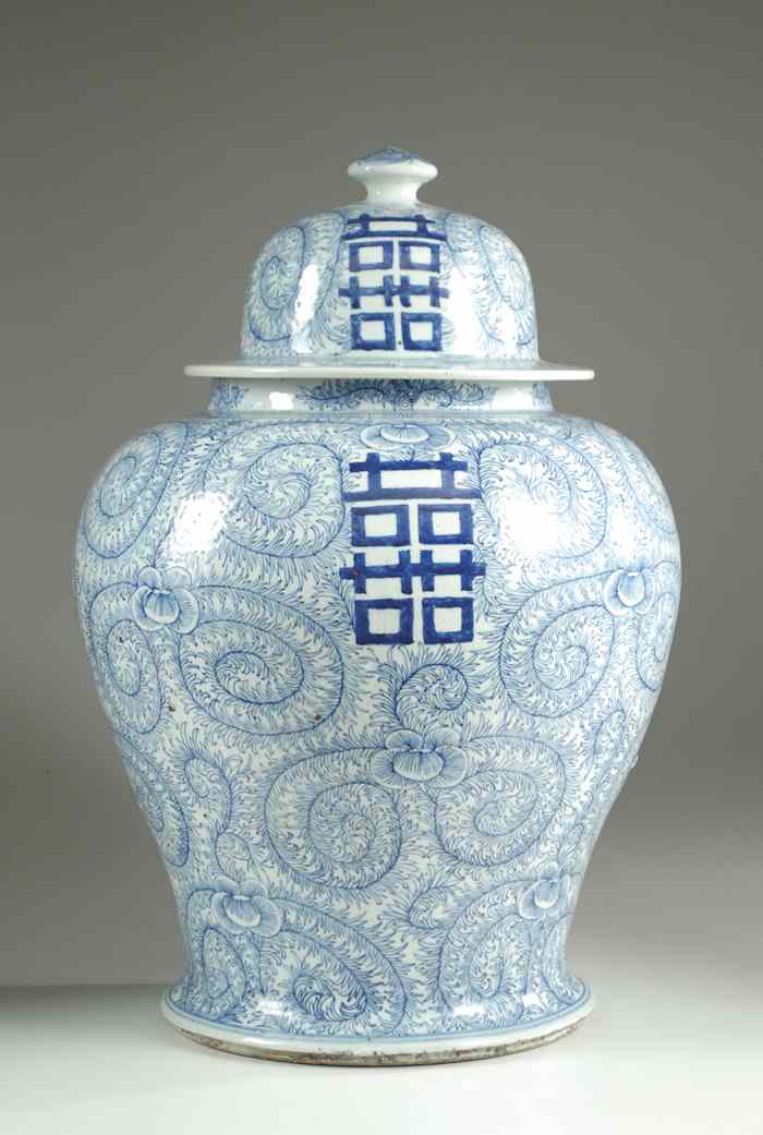 Appraisal: CHINESE BLUE AND WHITE PORCELAIN COVERED JAR The hand painted