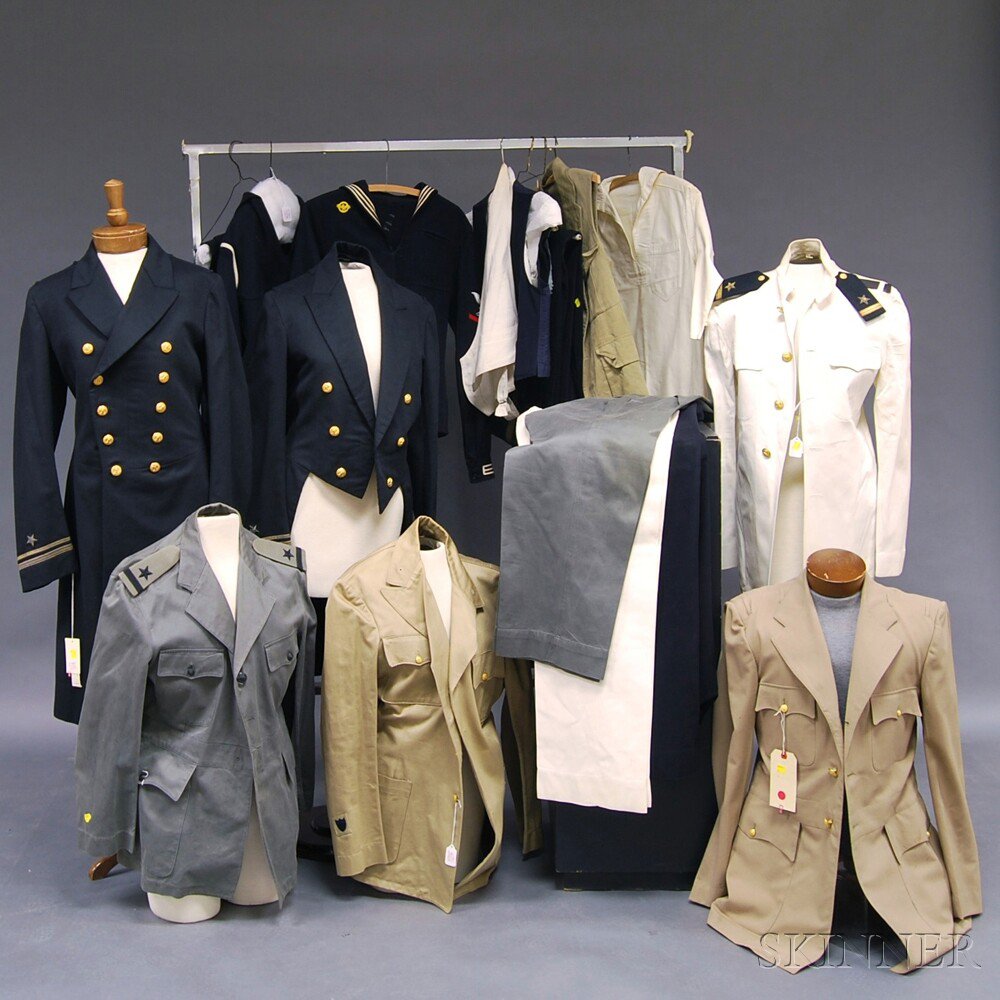 Appraisal: Group of Assorted Navy Uniforms including two WWI-era green tunic