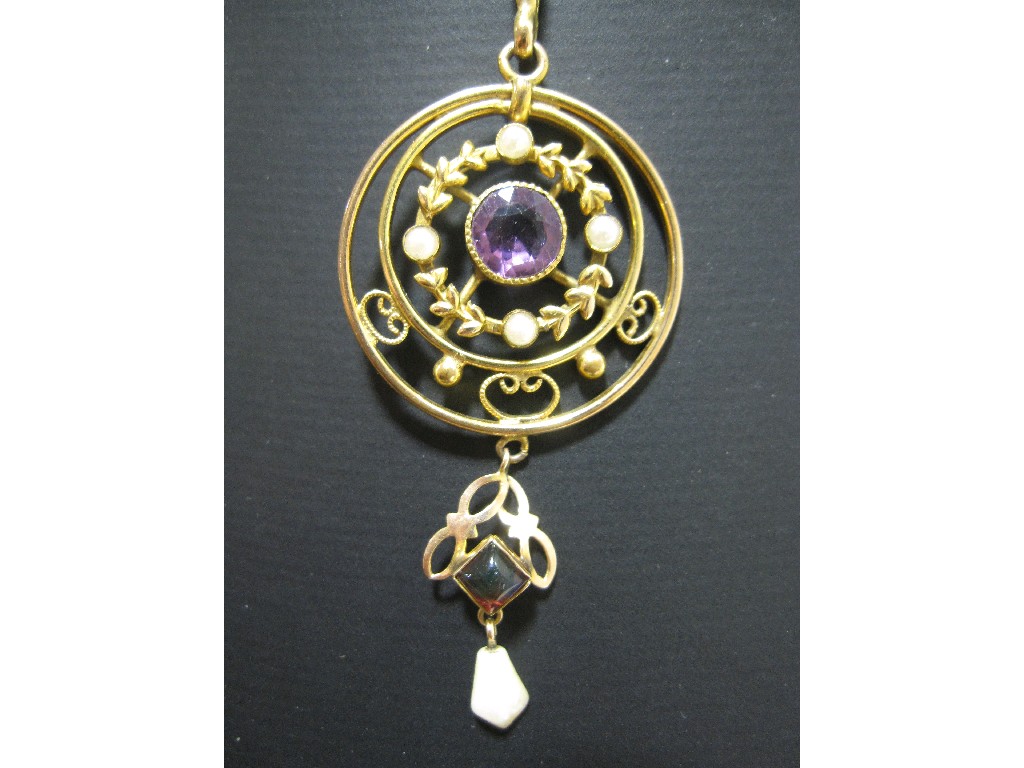 Appraisal: Edwardian yellow metal seed pearl and amethyst set pendant on