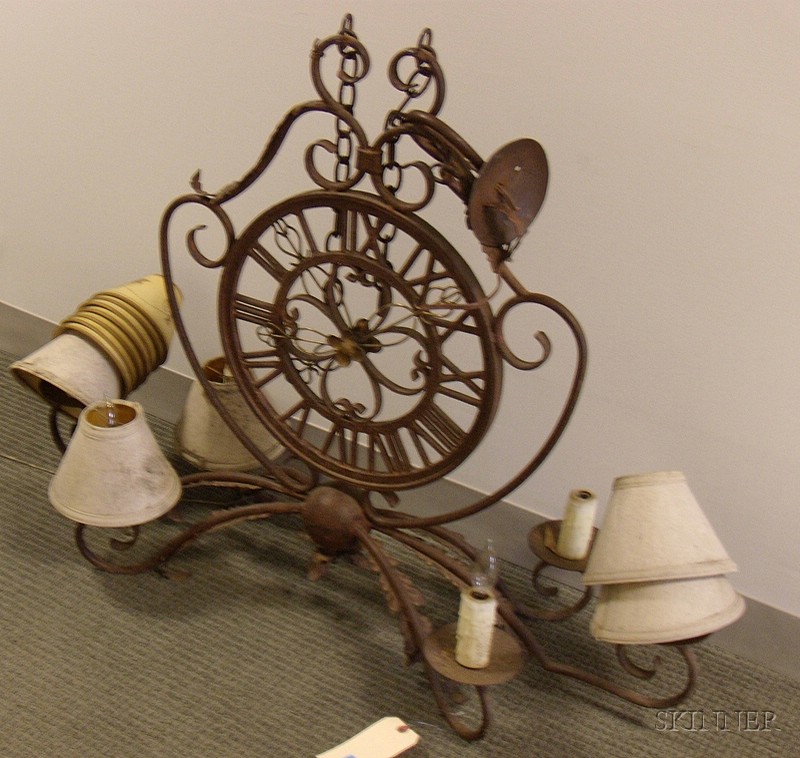 Appraisal: French-style Wrought Iron Clockface-form Six-Arm Chandelier electrified ht wd in