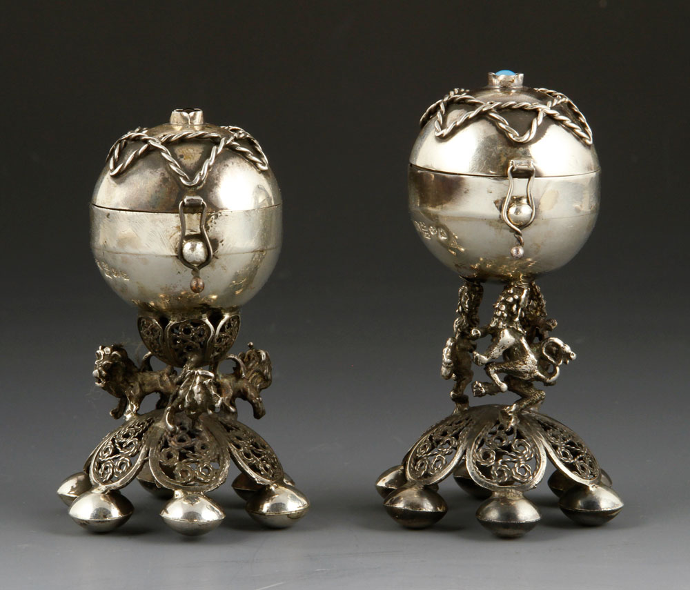 Appraisal: - Pr th C Judaica Silver Spice Boxes Pair of