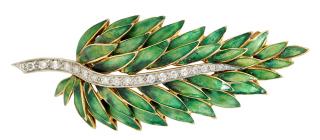 Appraisal: kt Diamond Enamel Leaf Brooch green enamel leaves round single