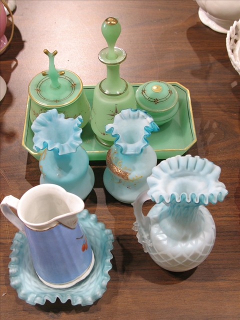 Appraisal: LOT BLUE GREEN GLASS DRESSER ITEMS