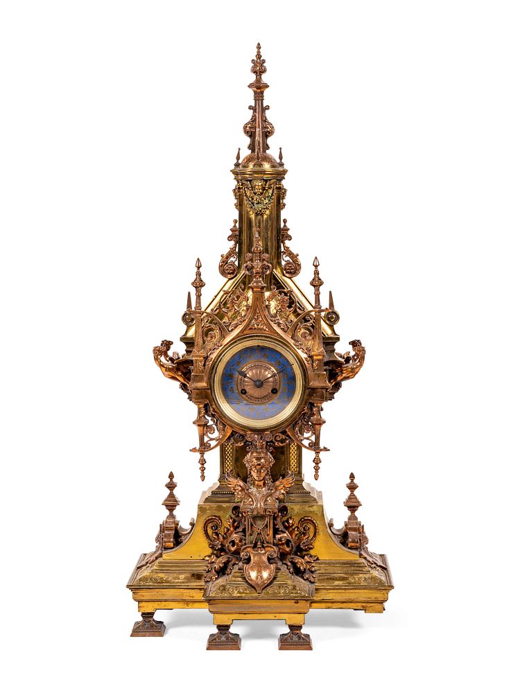 Appraisal: A French Gothic Revival Gilt Bronze and Brass Mantel Clock