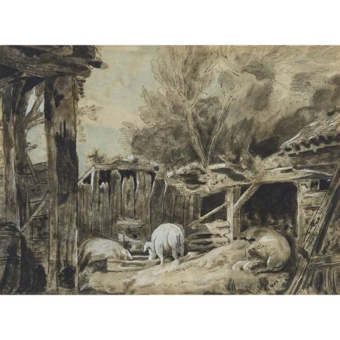 Appraisal: Attributed to George Morland - PIGS IN A STY BRITISH