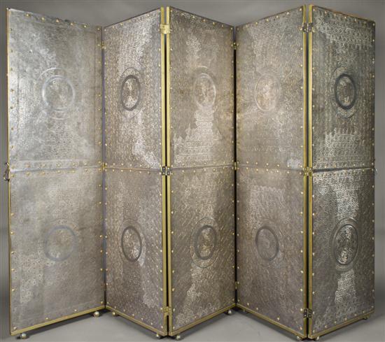 Appraisal: A Five Panel Etched Metal Floor Screen Height x width