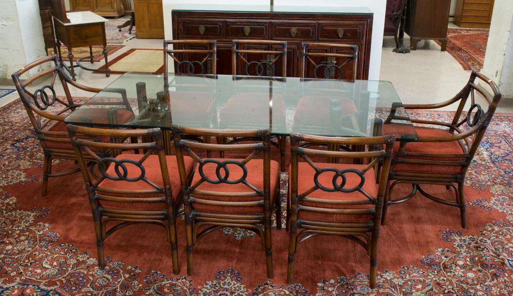 Appraisal: NINE-PIECE McGUIRE STYLE RATTAN DINING TABLE AND CHAIR SET the