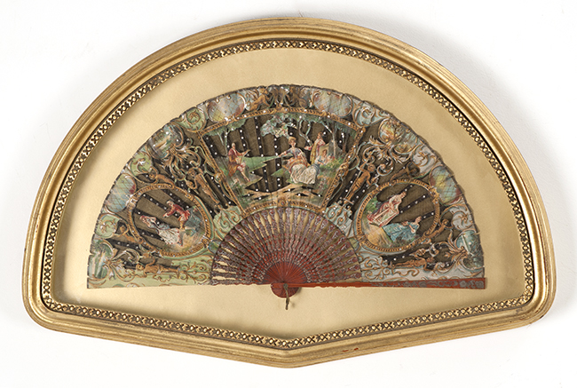 Appraisal: CASED FRENCH FAN Circa Lithographed cut-out on muslin depicting three